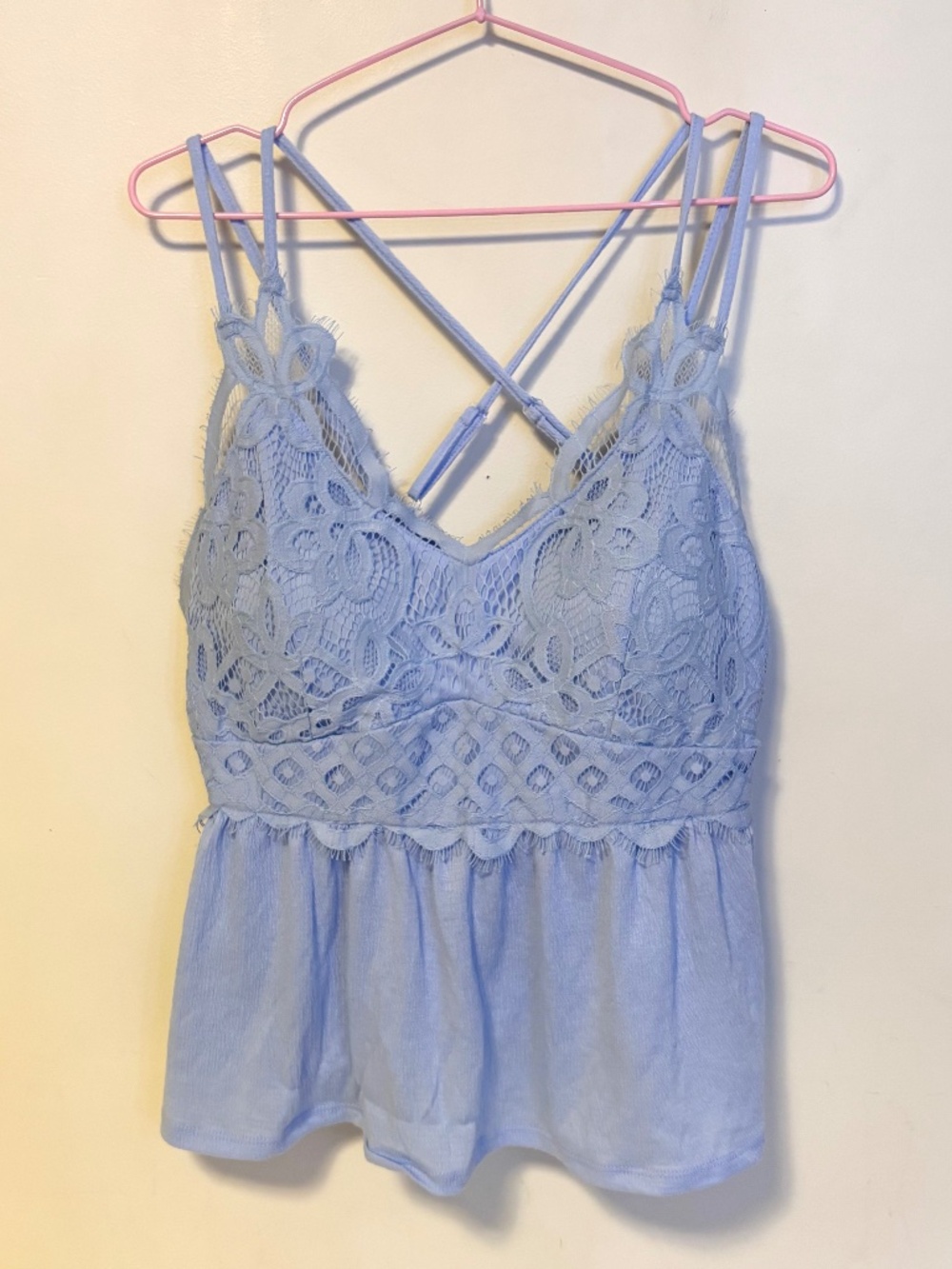No Boundaries Babydoll Lace Crochet Padded Bra Free Cami Tank Top Light Blue XL